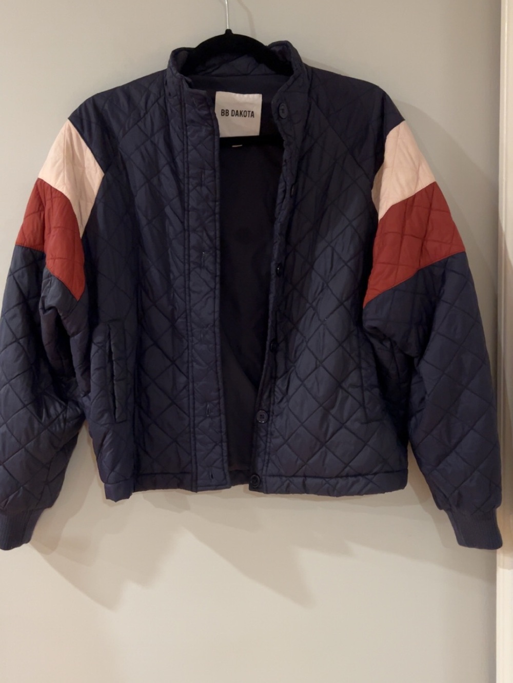 BB Dakota Navy Quilted Bomber Jacket with Red and Blush Sleeve Panels